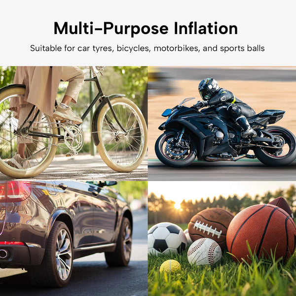 Multi-purpose portable air compressor for car tyres, bicycles, motorbikes and sports balls