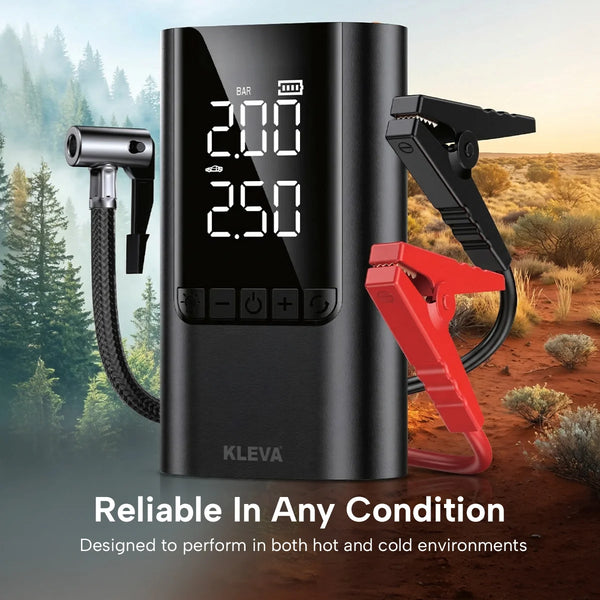 Compact portable jump starter and tyre inflator for reliable use in extreme weather conditions