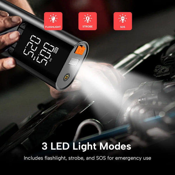 Portable jump starter with LED flashlight modes including SOS and strobe emergency light