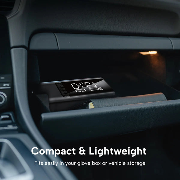 Compact lightweight car jump starter stored inside vehicle glove box for easy access