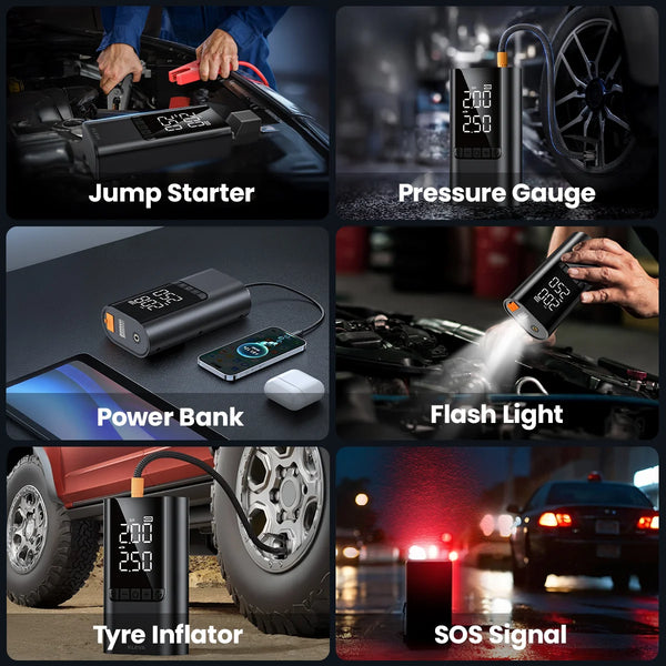 6-in-1 portable car jump starter featuring power bank, tyre inflator, pressure gauge and flashlight