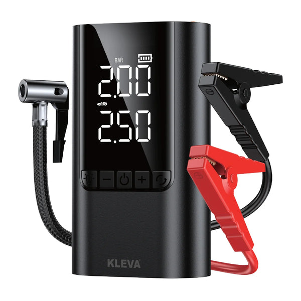 Kleva portable jump starter and air compressor with LCD display and battery clamps isolated on white background