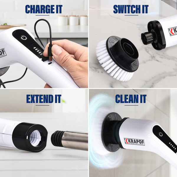 KRAPOF® Electric Cordless Tough Scrub Excel with 7 Replaceable Cleaning Heads