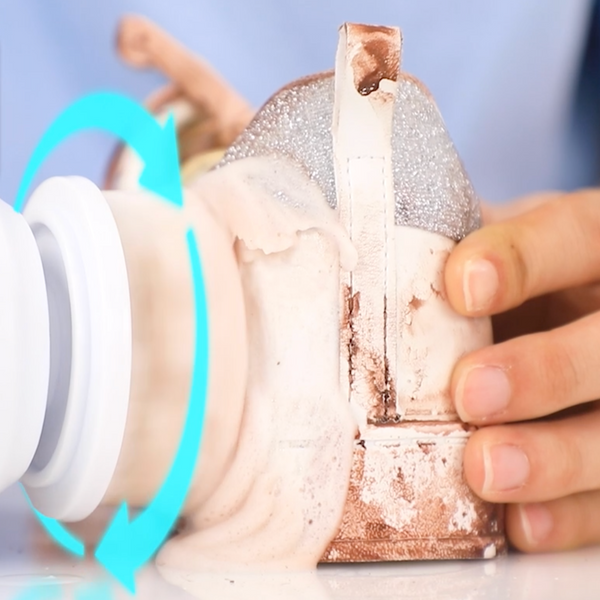 Using the Kleva Range's Kleva Clean Sneaks Automatic Shoe Cleaner, blue arrows highlight how it foams up to clean and restore a dirty, shimmery sneaker, making old shoes look new.