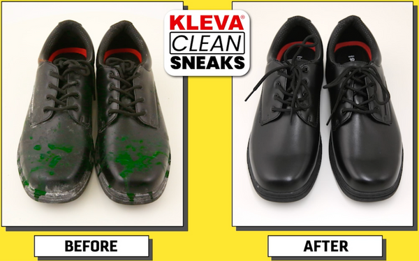 Side-by-side black sneakers: the left, dirty with green stains (BEFORE); the right, clean after using Kleva Range’s Make old shoes look new! Kleva Clean Sneaks Automatic Shoe Cleaner (AFTER). Kleva Clean Sneaks logo appears at the top.