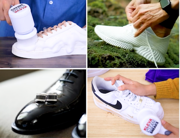 A collage of four images shows hands using the Kleva Range's Make old shoes look new! Kleva Clean Sneaks Automatic Shoe Cleaner on various shoes, including white sneakers and shiny black dress shoes with rings on top.