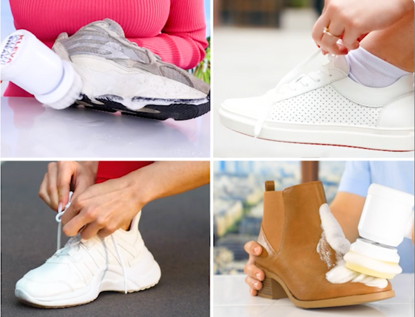 A collage of four images showing the Kleva Range Make old shoes look new! Kleva Clean Sneaks Automatic Shoe Cleaner in action: foaming and brushing dirty sneakers, tying clean laces, and cleaning a tan ankle boot.