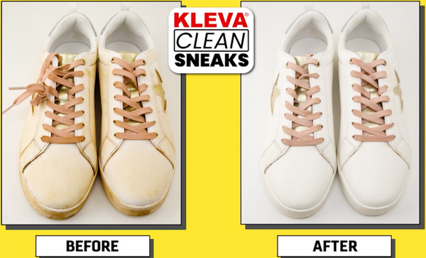Compare a pair of white sneakers and see how the Kleva Range "Make old shoes look new! Kleva Clean Sneaks Automatic Shoe Cleaner" keeps them looking fresh and spotless.