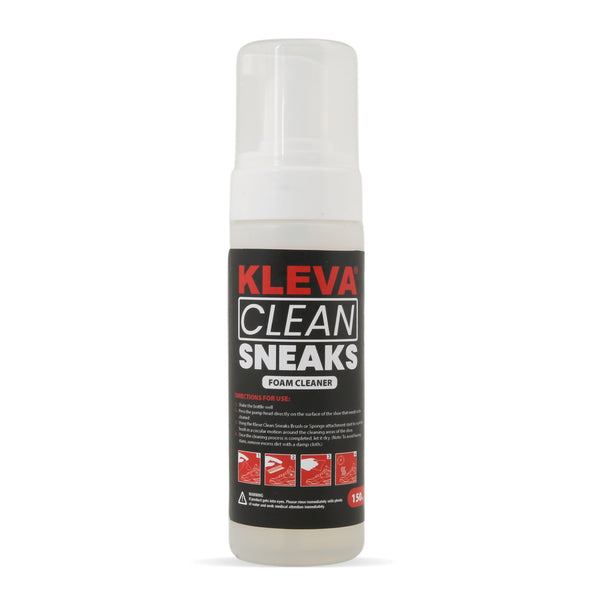 The Kleva Range Make old shoes look new! Kleva Clean Sneaks Automatic Shoe Cleaner comes in a 150ml bottle with a clear plastic cap and black label featuring red and white text, usage instructions, and images at the bottom.
