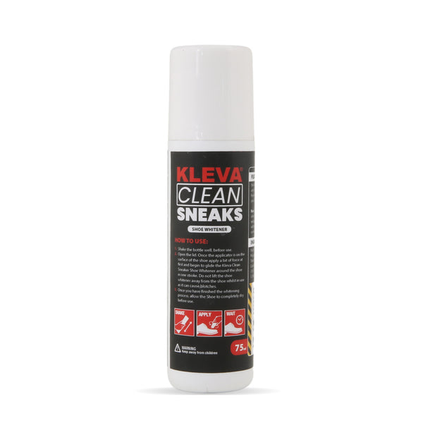 A white bottle of Kleva Range’s Make old shoes look new! Kleva Clean Sneaks Automatic Shoe Cleaner, with a black label and red-white text, delivers 75 mL of portable sneaker cleaning to keep your footwear looking fresh.
