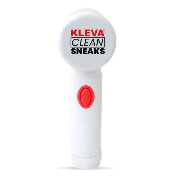 The Kleva Range “Make old shoes look new! Kleva Clean Sneaks Automatic Shoe Cleaner” is a white, rechargeable shoe cleaner with a red power button and the logo on top—perfect for keeping your shoes spotless anywhere.