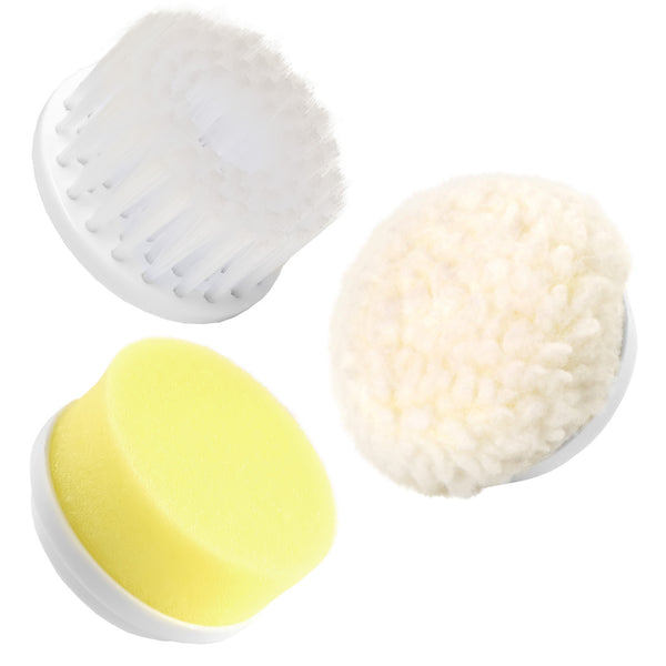 The Kleva Range Make Old Shoes Look New! Kleva Clean Sneaks Automatic Shoe Cleaner includes three interchangeable heads: a white bristle brush, fluffy wool pad, and yellow sponge—ideal for any portable shoe or sneaker cleaning kit.