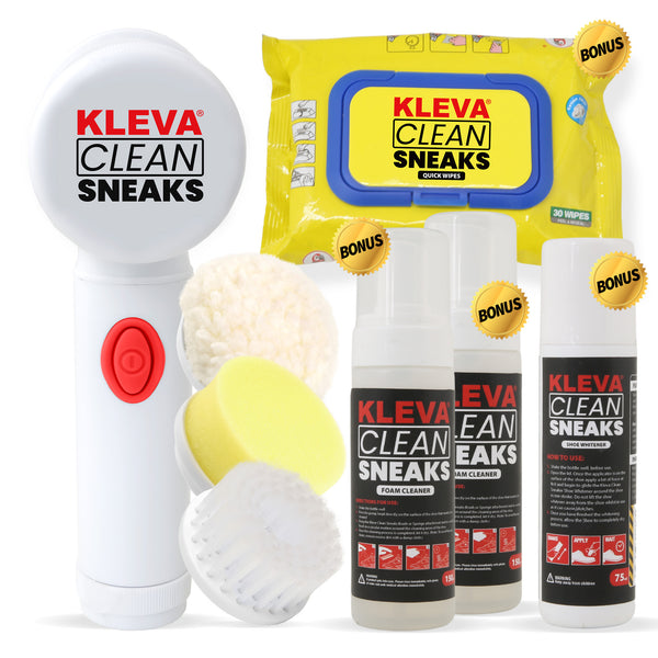 Kleva Range’s Make old shoes look new! Kleva Clean Sneaks Automatic Shoe Cleaner includes a white handheld electric scrubber, 2 pads, 3 Sneaks cleaner bottles, wipes, and labels for easy rechargeable shoe cleaning.