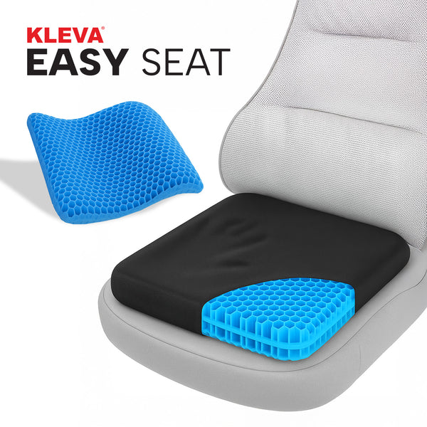 Kleva Easy Seat cushion with blue honeycomb design on a car seat.