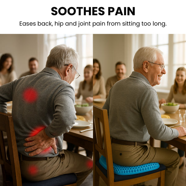 Split image of an older man at a dining table with family. Left: He holds his lower back in pain. Right: Using the KLEVA® Easy Seat from Kleva Range, he smiles comfortably, enjoying tailbone support and relief. Text above highlights pain-free sitting.