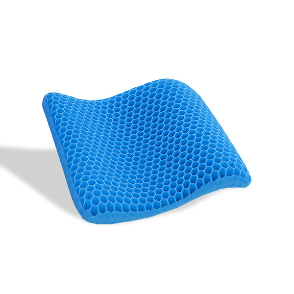 The KLEVA® Easy Seat by Kleva Range, a blue, contoured gel cushion with a honeycomb pattern, is shown on a white background, providing exceptional tailbone support and comfort.