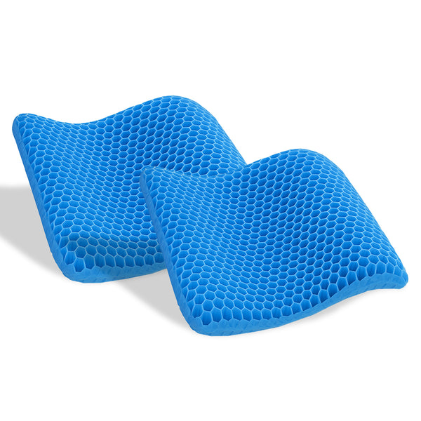 Two KLEVA® Easy Seat gel cushions by Kleva Range, in blue with a flexible honeycomb design, are displayed side by side on a white background.