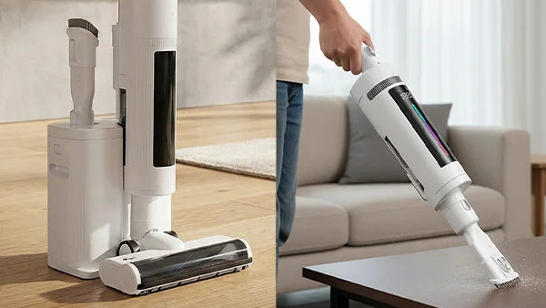 KRAPOF Compact Clean Vacuum on charging dock and being used as a handheld vacuum for table cleaning.