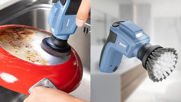 KRAPOF LUMI Scrub cordless electric power scrubber cleaning a burnt pan and showing brush attachment with LED light.