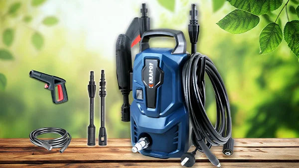 KRAPOF Mini Pressure Washer kit including spray gun, nozzles, and high-pressure hose on a wooden surface.