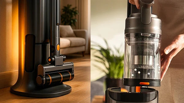 KRAPOF Self-Emptying Cordless Vacuum Base and close-up of dustbin debris removal.