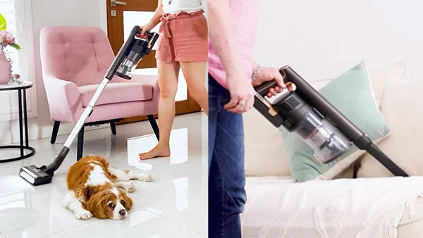 Lightweight KRAPOF Super Slim Power Vac cleaning tiled floors and sofa cushions in a modern home.