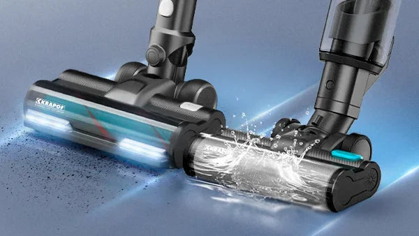 KRAPOF Wet Dry Vacuum dual-action brush head suctioning dust and mopping liquid spills simultaneously.