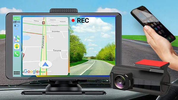 Kleva DriveCam 10-inch dash cam display featuring split-screen GPS navigation and front-facing recording.