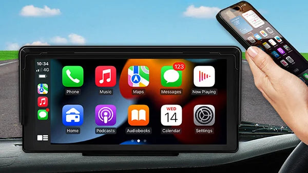 Wide 10-inch Kleva SmartPlay dashboard console with wireless Apple CarPlay and Android Auto icons.