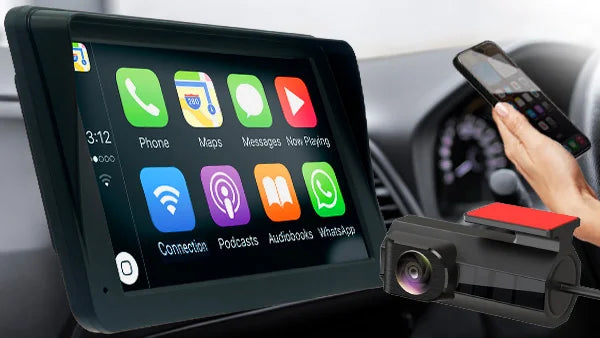 Kleva SmartPlay 7-inch car display with Apple CarPlay interface and external rear-view backup camera.