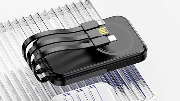 Kleva Charaway portable power bank with built-in USB-C, Lightning, and Micro-USB charging cables.