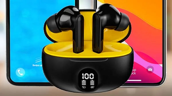 Black Kleva Audiopods wireless Bluetooth earphones with a yellow interior charging case and LED battery indicator.