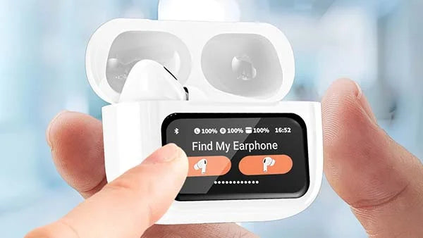 Kleva Audiopods Pro wireless earbuds in a white charging case with a smart touch display for "Find My Earphone."