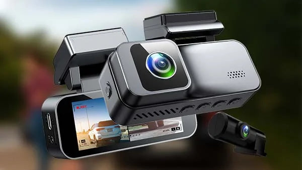 High-definition dual car dash camera system with rear-view lens and digital video recording screen.