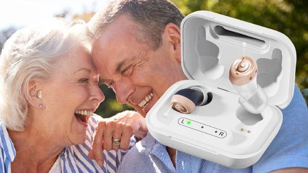 Kleva HearClear rechargeable hearing aid devices in a compact white charging case for seniors.