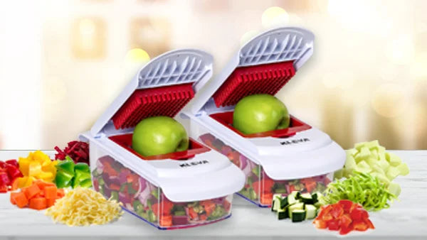 Two Kleva Cube Cutters shown with green apples, featuring red dicing grids and clear containers filled with freshly chopped vegetables like bell peppers and onions.