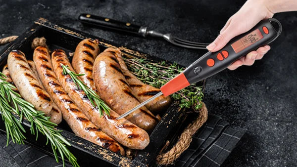 Handheld Kleva Flavour Fork digital meat thermometer checking the internal temperature of grilled sausages seasoned with fresh rosemary.