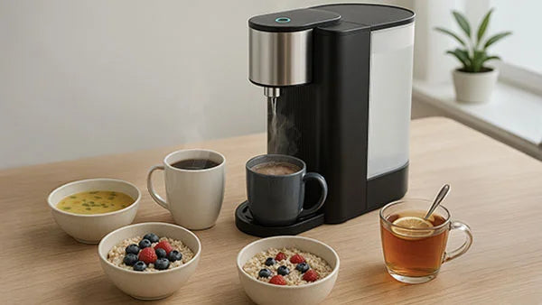 Slim black Kleva Hot Water Dispenser pouring steaming water into a mug, surrounded by bowls of oatmeal, tea, and soup on a wooden table.