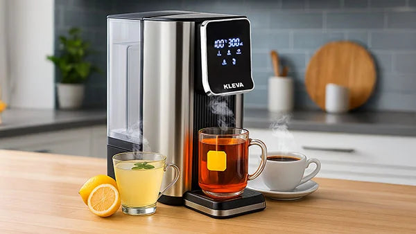 Kleva Hot Water Deluxe unit with a premium stainless steel finish and digital temperature control display, serving tea and coffee with lemon.