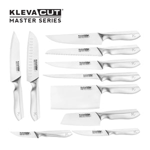 The Kleva Range KlevaCut® Master Series Ultimate Kitchen Takeover 10pc Mega Knife Set, made with Japanese Vamolcrium steel, is displayed on a white background with assorted blade shapes and sizes for various kitchen tasks.