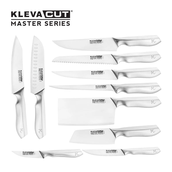 The Kleva Range KlevaCut® Master Series Ultimate Kitchen Takeover 10pc Mega Knife Set, made with Japanese Vamolcrium steel, is displayed on a white background with assorted blade shapes and sizes for various kitchen tasks.