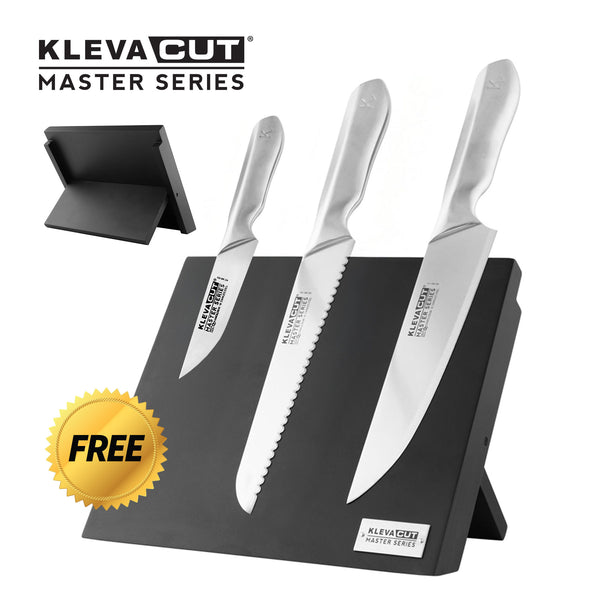 The KlevaCut® Master Series 3pc Knife Set by Kleva Range, made from Japanese Vamolcrium steel, stands upright on a black magnetic block, featuring the logo and a yellow "FREE" badge in the lower left corner.