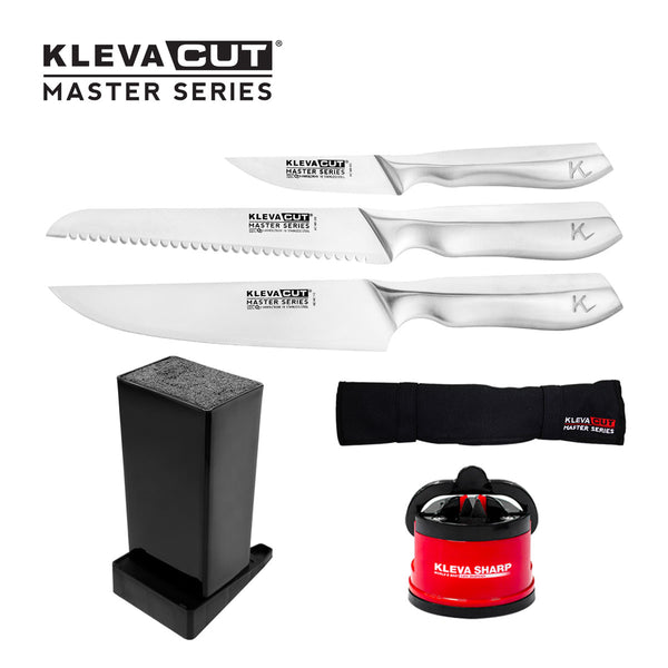 KlevaCut® Master Series 3pc Premium Kitchen Knife Set with FREE Sharpener & Block