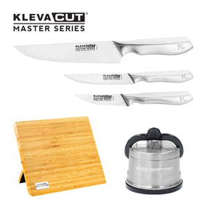 KlevaCut® Master Series Stainless Steel 3pc Knife Set + FREE Sharpener Pro + Knife Block