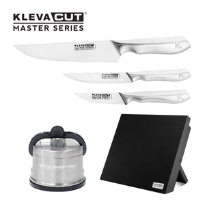 The Kleva Range KlevaCut® Master Series Stainless Steel 3pc Knife Set includes a black knife block and a FREE Sharpener Pro, all displayed on a white background.