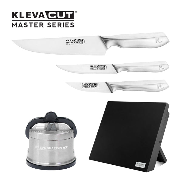 The Kleva Range KlevaCut® Master Series Stainless Steel 3pc Knife Set includes a black knife block and a FREE Sharpener Pro, all displayed on a white background.