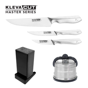 The Kleva Range KlevaCut® Master Series includes a stainless steel 3-piece knife set, a sleek black knife block, and a FREE Sharpener Pro featuring advanced MRE technology.