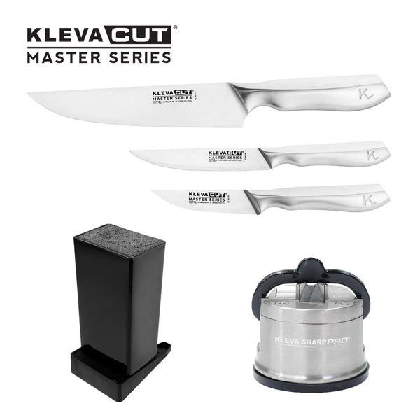 The Kleva Range KlevaCut® Master Series includes a stainless steel 3-piece knife set, a sleek black knife block, and a FREE Sharpener Pro featuring advanced MRE technology.