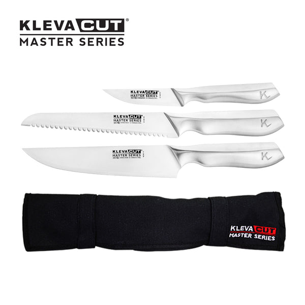 Three stainless steel knives from the Kleva Range KlevaCut® Master Series 3pc Professional Chef Knife Set are shown above a branded black knife roll case on a white background.