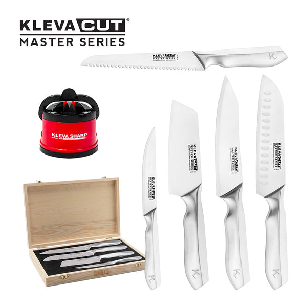 Four stainless steel knives, made from high-quality Japanese Steel and labeled KlevaCut® Master Series by Kleva Range, are displayed alongside a bamboo storage case. The image also features the Kleva Sharp knife sharpener with advanced MRE Sharpening Technology, and the brand logo appears in the top left corner.